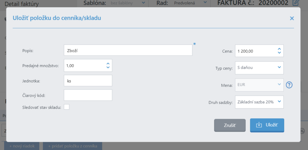 Pop-up uložení položky