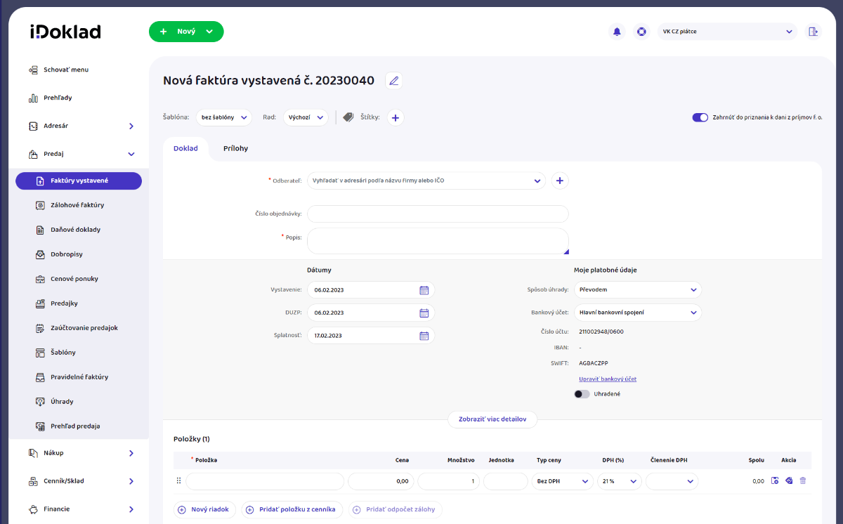 Nová faktúra vystavená