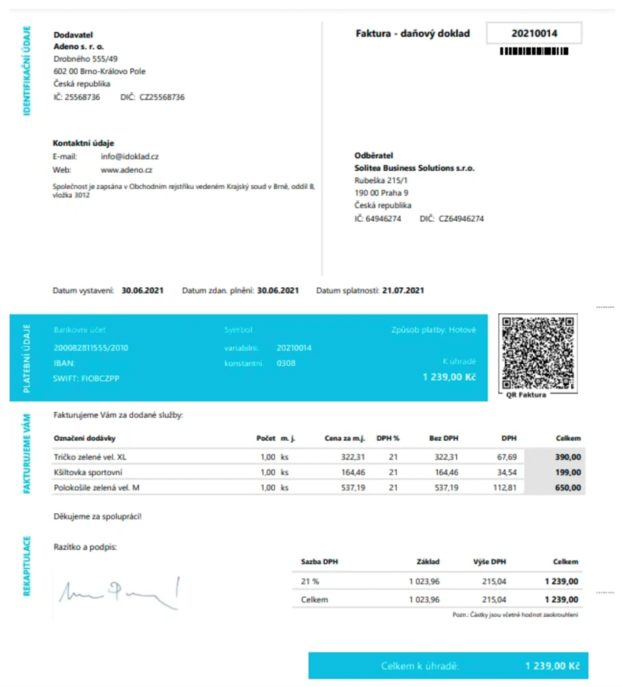 Príklad správne vystavenej faktúry – obsahuje všetky údaje a je prehľadná. Aby ste zákazníkovi jej uhradenie uľahčili, môžete pridať aj QR kód na zaplatenie mobilom. Vo fakturačnom programe iDoklad takú faktúru vystavíte okamžite na pár kliknutí.